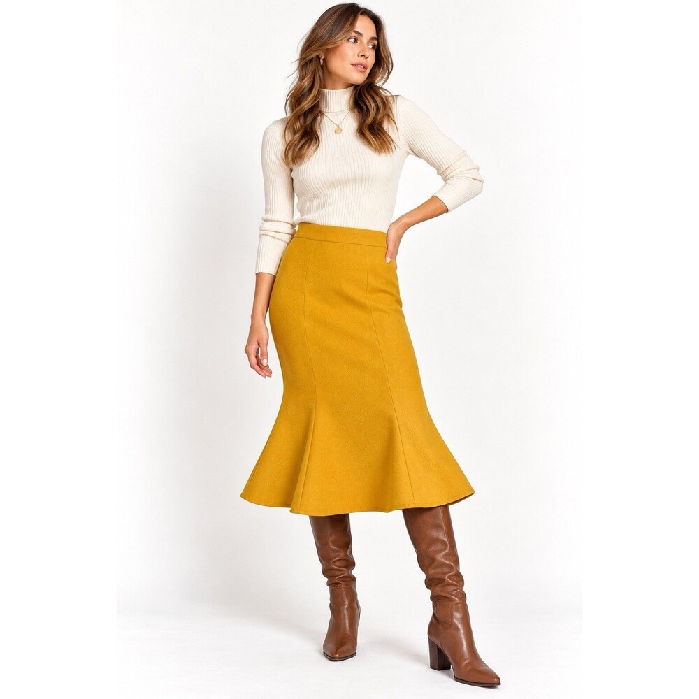 Vintage Mustard Yellow Wool Blend Mermaid Midi Skirt Size Large 70s Mod Flare